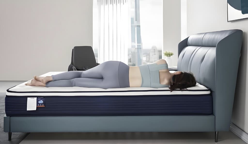 Side sleeper on a mattress showing hips and shoulders cradled with neutral posture
