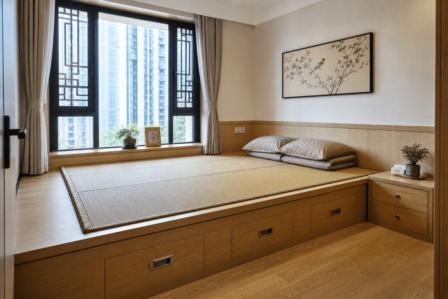 Custom raised wooden tatami platform with storage drawers underneath