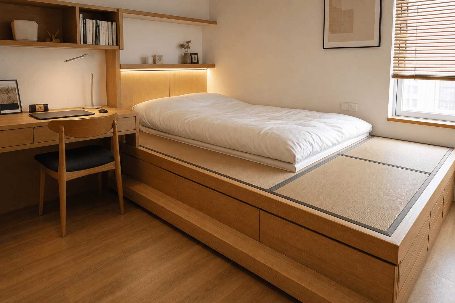 Bedroom with custom tatami platform and thick mattress on top