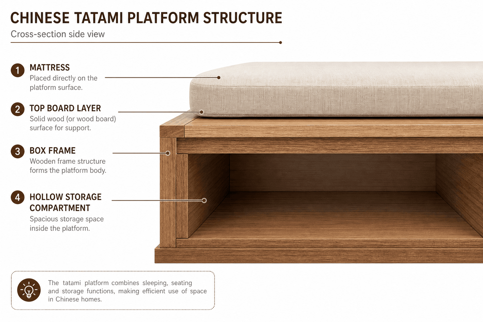 Cross-section diagram of Chinese tatami platform: frame, storage cavity, board, mattress