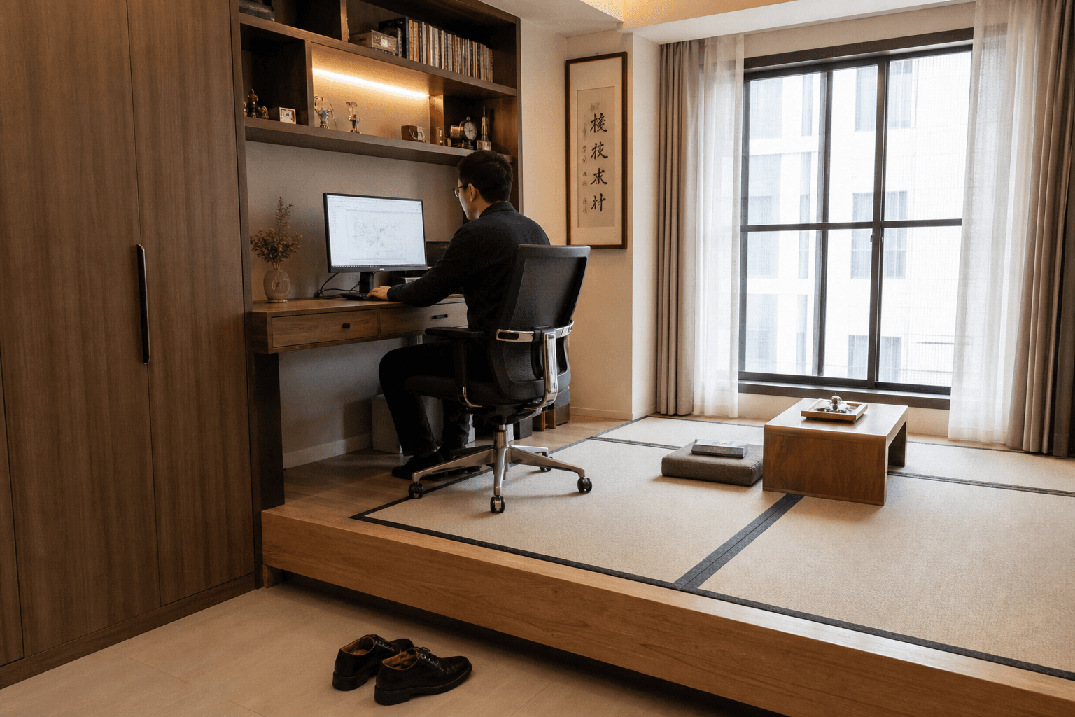 Desk and chair on a raised tatami platform in a modern room