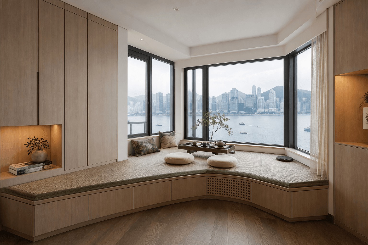 Custom L-shaped tatami platform built into a bay window alcove