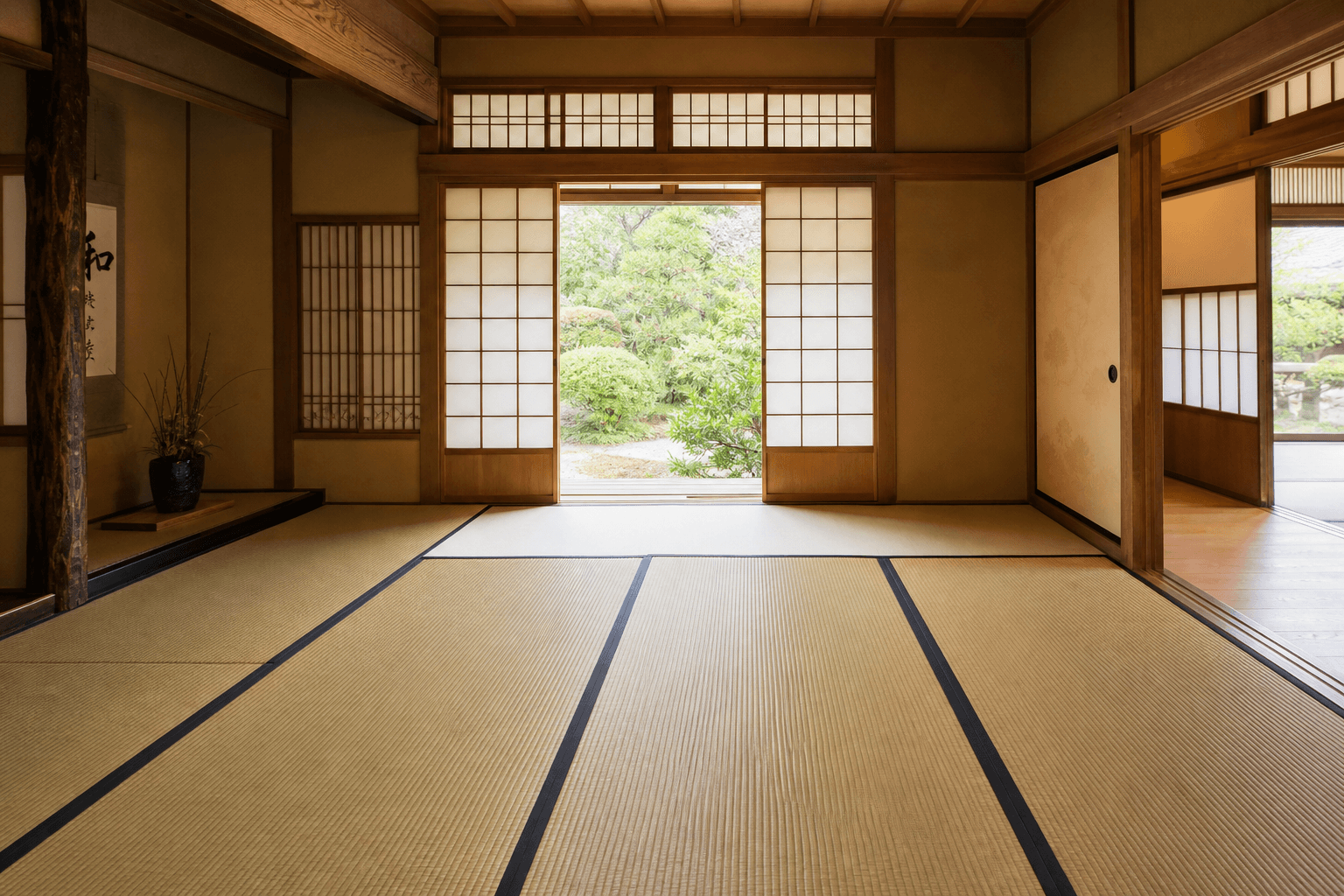 Traditional Japanese room with tatami mat floor in a grid layout