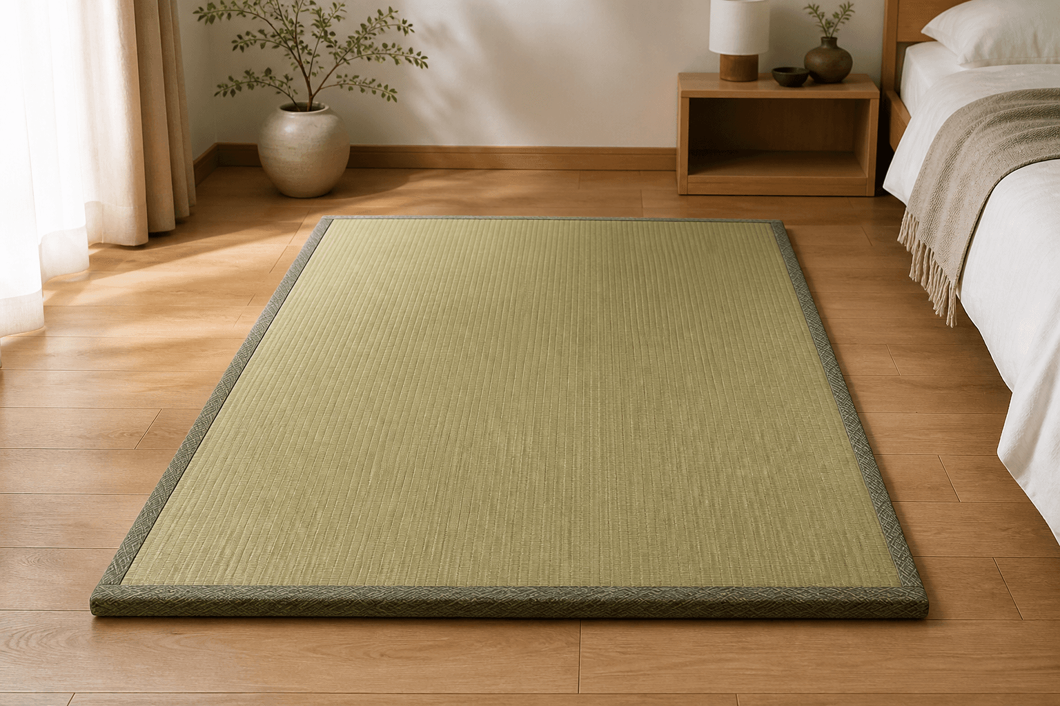Single tatami mat on a light wood floor in a calm minimalist bedroom