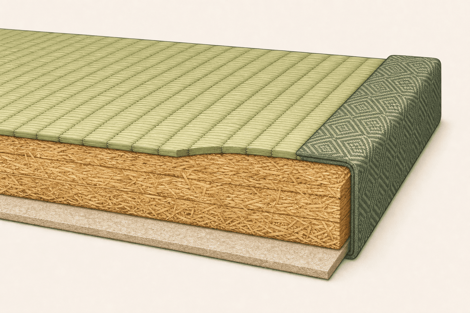 Cross-section diagram showing tatami mat layers: rush face, compressed core, and edge binding