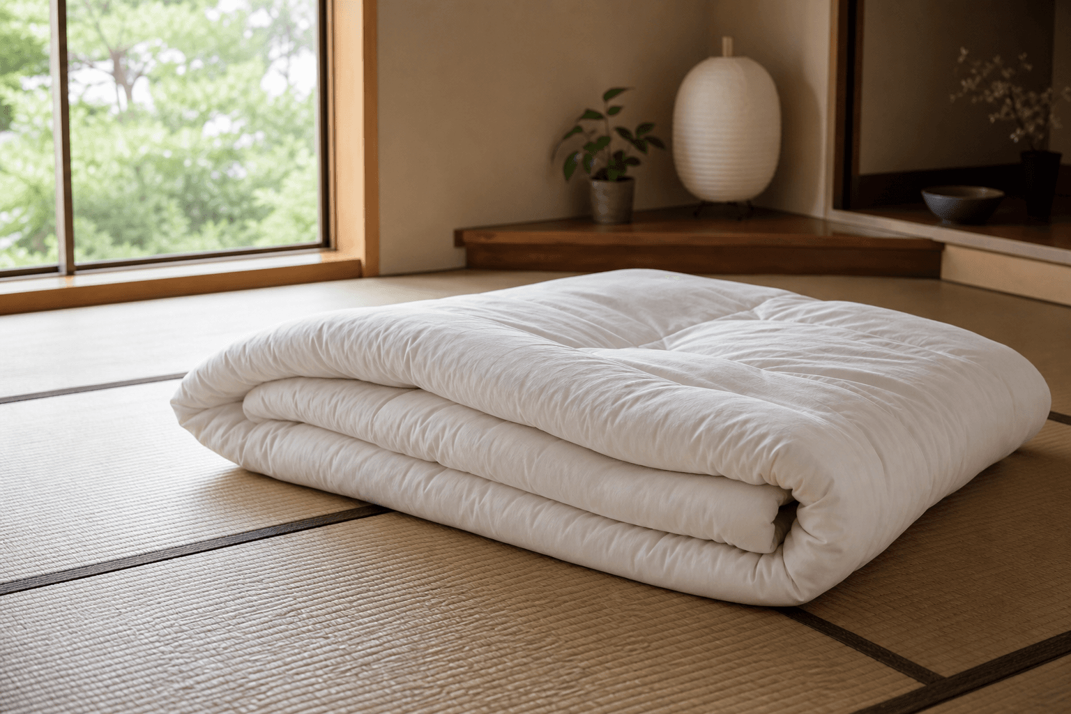 Thin futon on a tatami mat in a low-profile floor sleeping setup