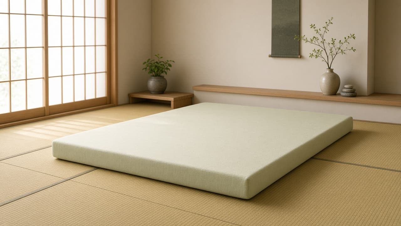 Low-profile tatami mattress on a rush mat floor in a calm bedroom