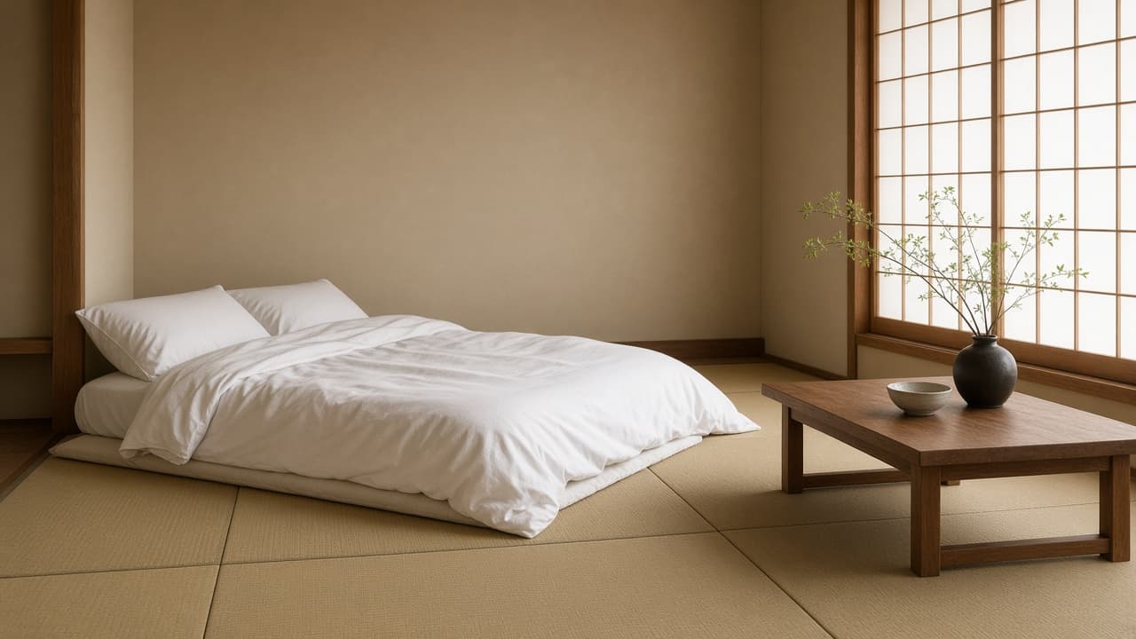 Made floor bed with a thin tatami mattress and linens in a Japanese-inspired room